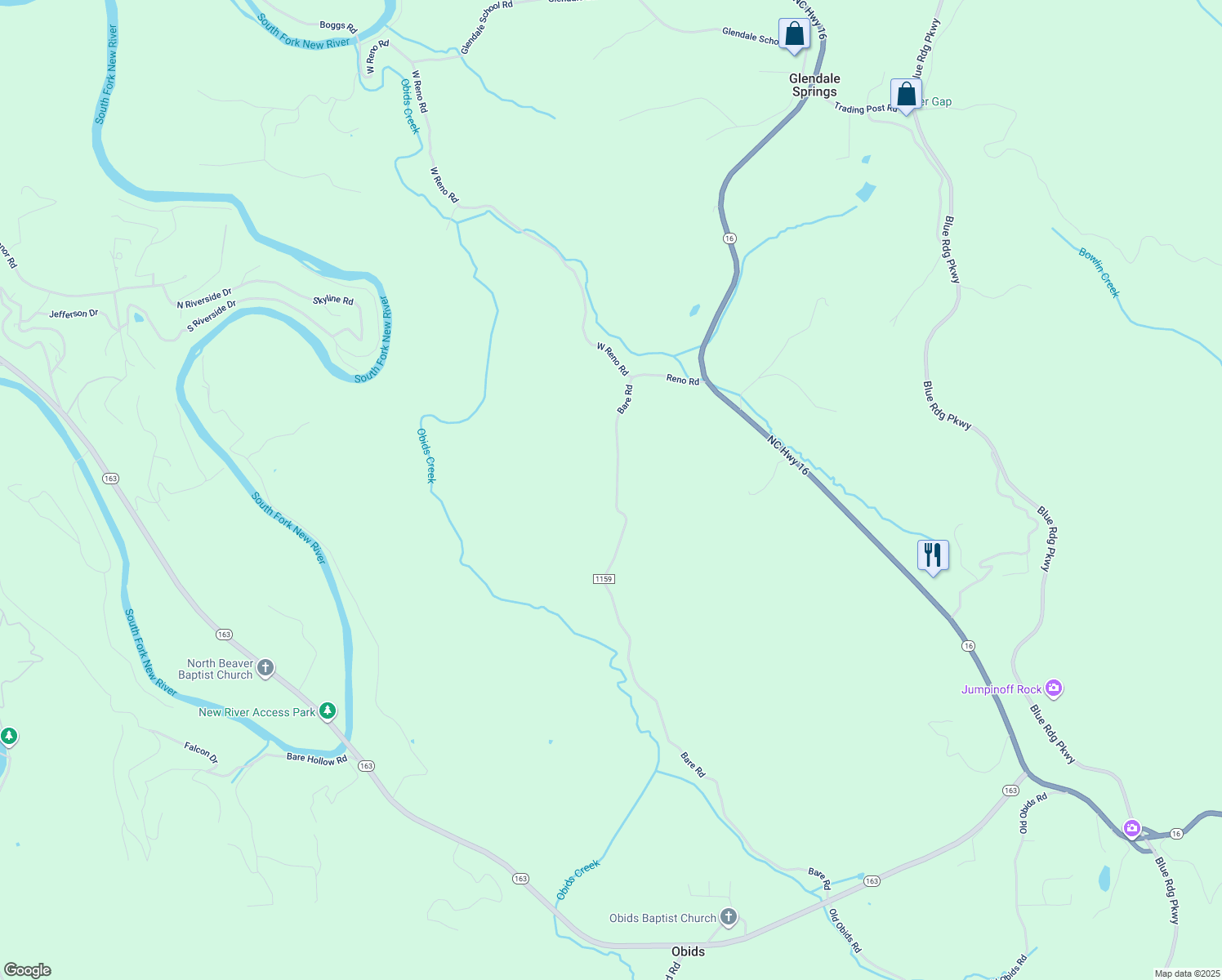 map of restaurants, bars, coffee shops, grocery stores, and more near 472 Bare Road in West Jefferson