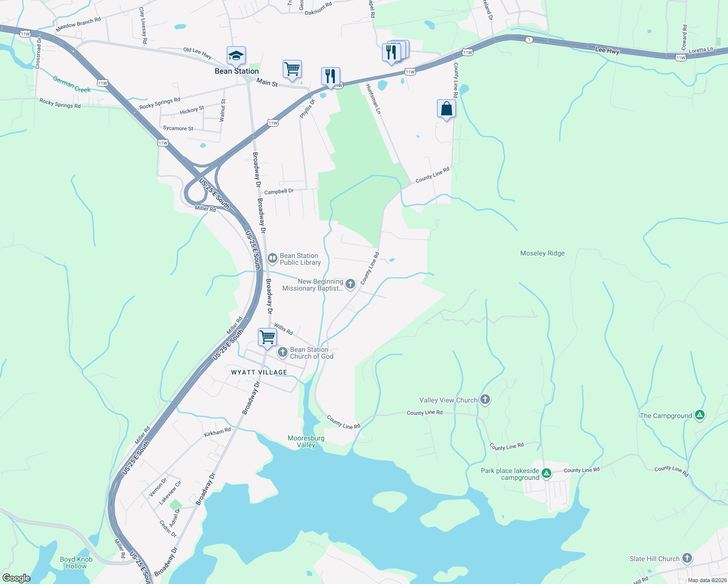 map of restaurants, bars, coffee shops, grocery stores, and more near 70-107 County Line Road in Mooresburg
