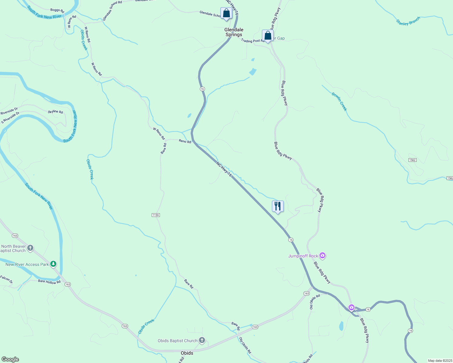 map of restaurants, bars, coffee shops, grocery stores, and more near 8828 North Carolina 16 in West Jefferson