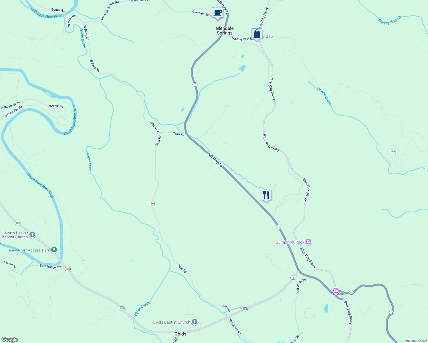 map of restaurants, bars, coffee shops, grocery stores, and more near 8822 North Carolina 16 in West Jefferson