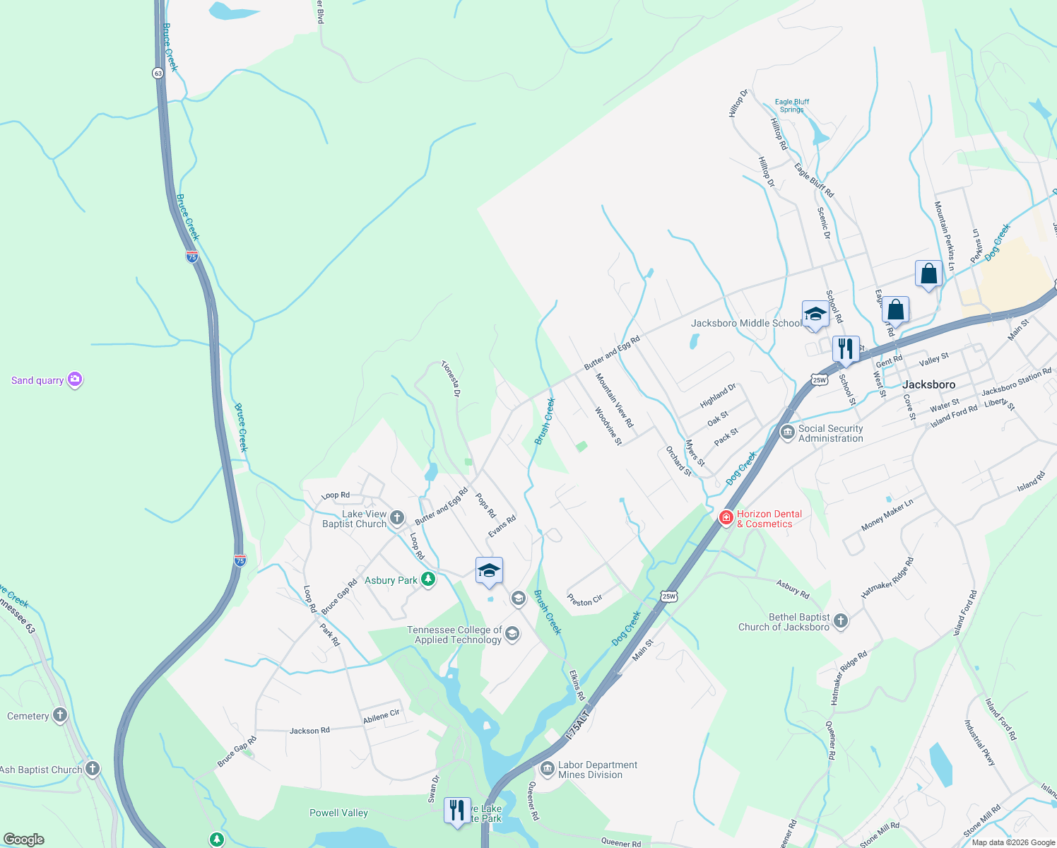 map of restaurants, bars, coffee shops, grocery stores, and more near 151 Sam Williams Lane in Jacksboro