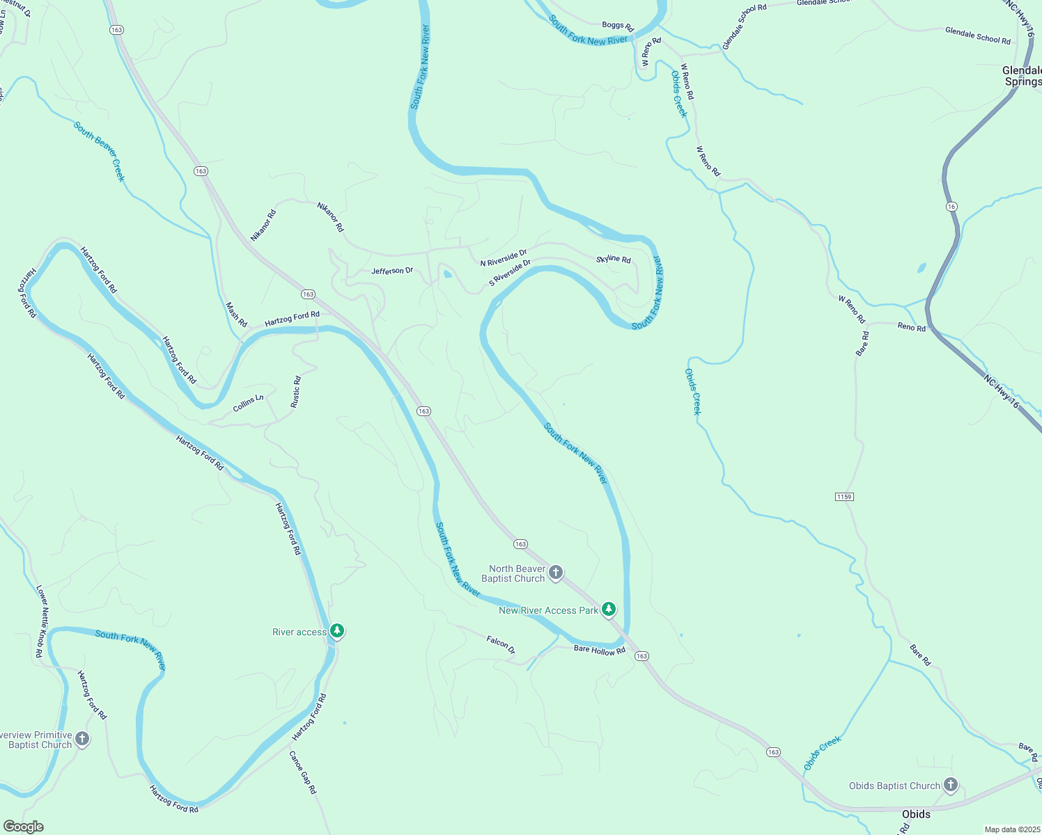 map of restaurants, bars, coffee shops, grocery stores, and more near Riversound Road in Ashe County