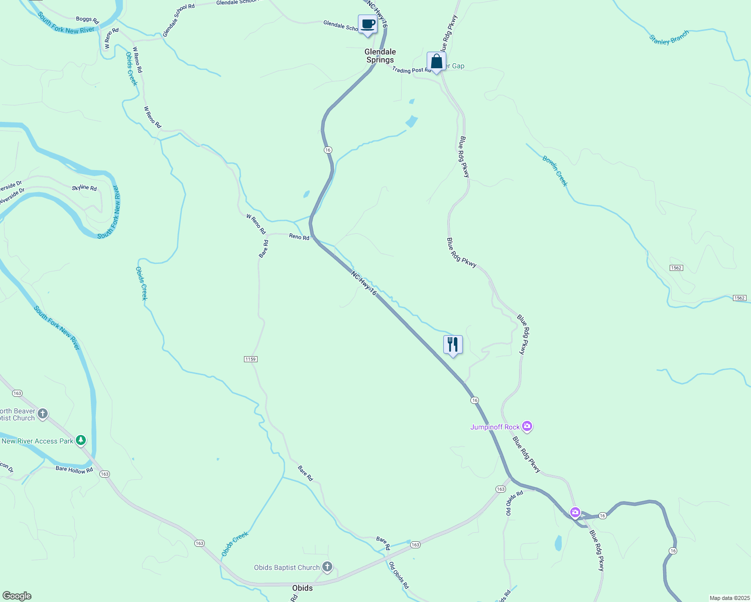 map of restaurants, bars, coffee shops, grocery stores, and more near 8852 North Carolina 16 in West Jefferson