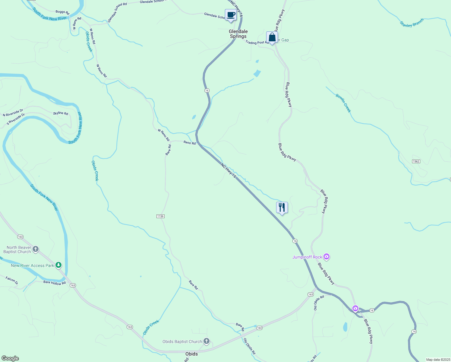 map of restaurants, bars, coffee shops, grocery stores, and more near 8822 North Carolina 16 in West Jefferson