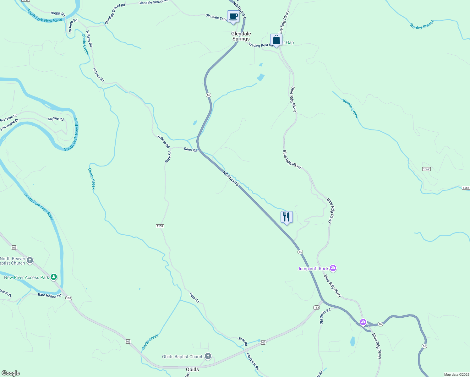 map of restaurants, bars, coffee shops, grocery stores, and more near 8828 North Carolina 16 in West Jefferson