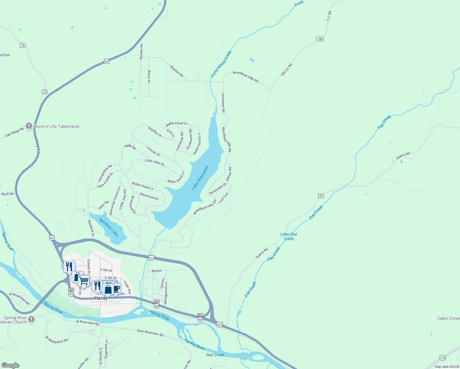 map of restaurants, bars, coffee shops, grocery stores, and more near Steves Road in Hardy