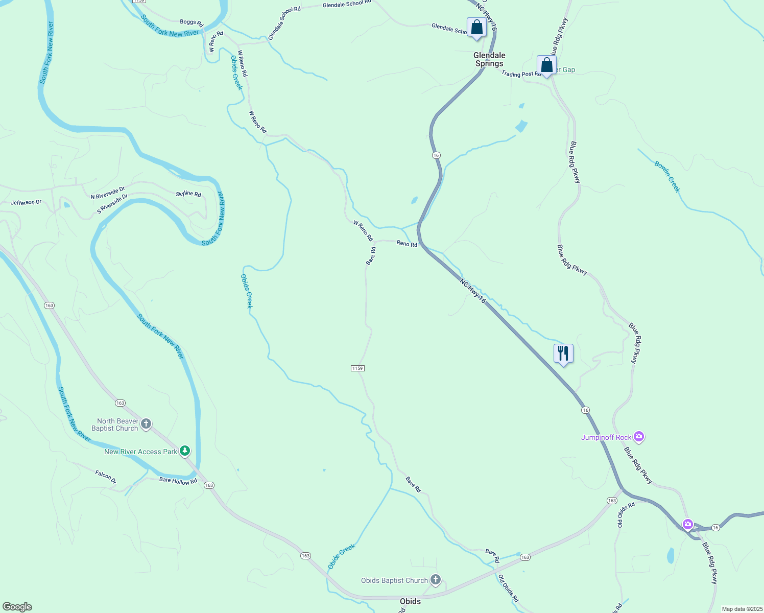 map of restaurants, bars, coffee shops, grocery stores, and more near 385 Glenn Bare Road in Jefferson