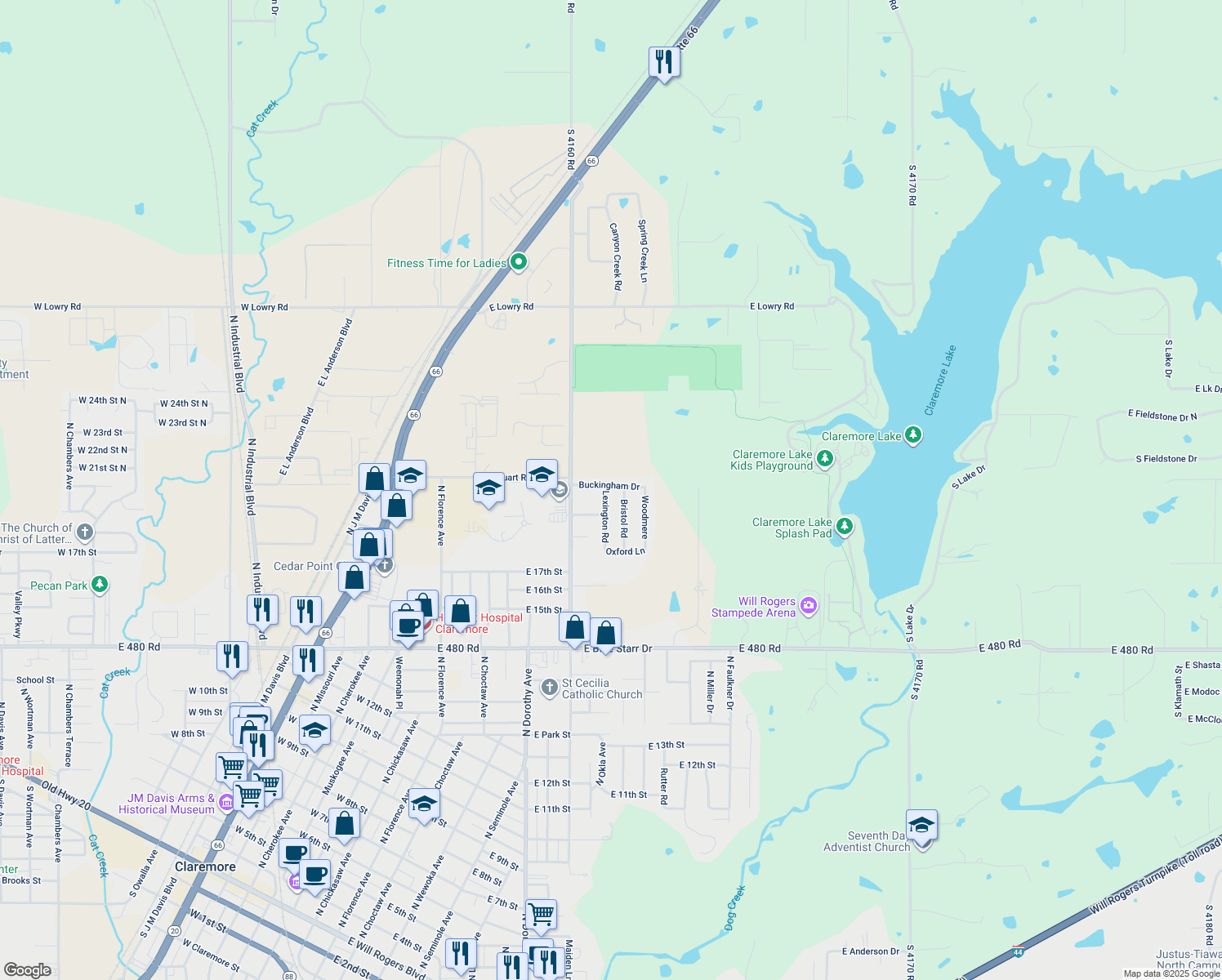 map of restaurants, bars, coffee shops, grocery stores, and more near 1930 Lexington Road in Claremore