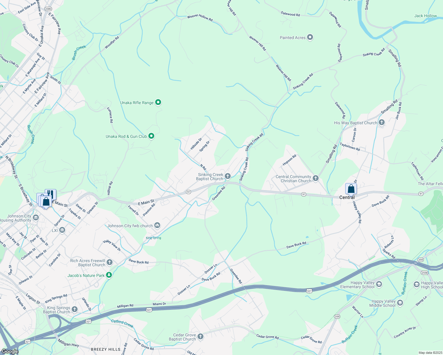 map of restaurants, bars, coffee shops, grocery stores, and more near 35 Vanover Road in Johnson City