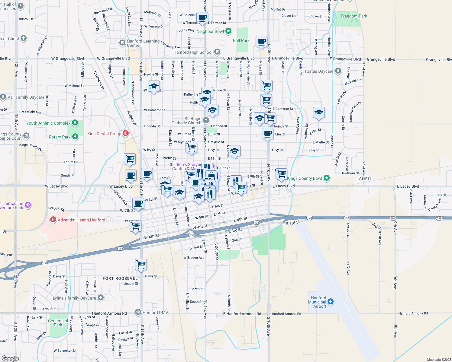 map of restaurants, bars, coffee shops, grocery stores, and more near 308 N Brown St in Hanford