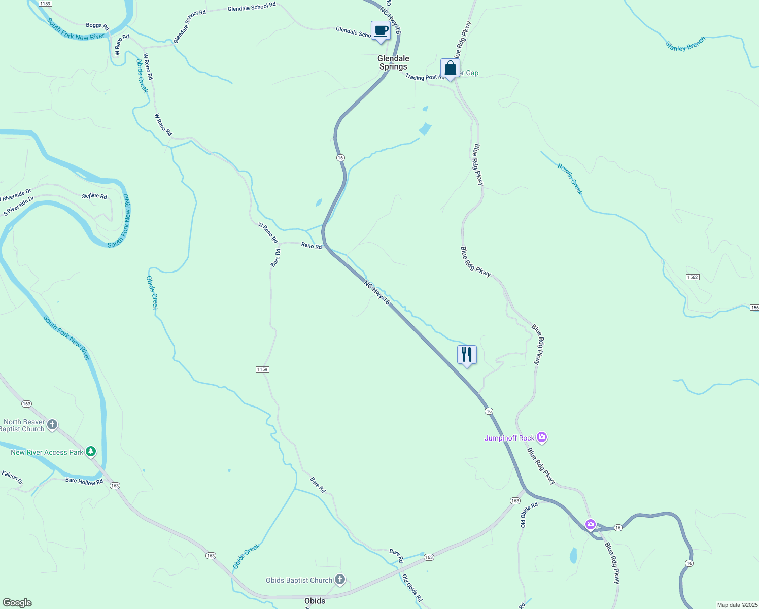 map of restaurants, bars, coffee shops, grocery stores, and more near 8812 North Carolina 16 in West Jefferson