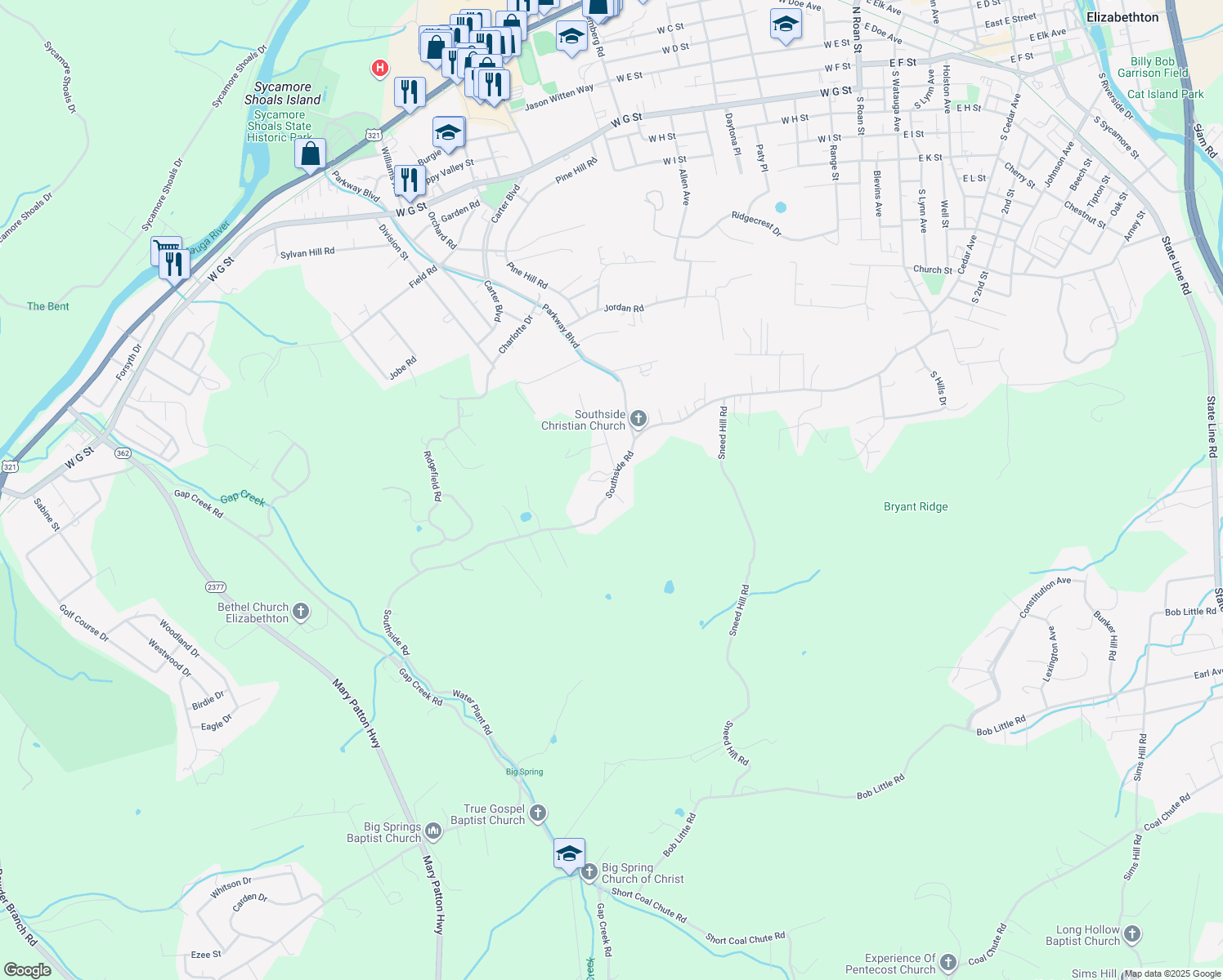 map of restaurants, bars, coffee shops, grocery stores, and more near 1725 South Side Road in Elizabethton