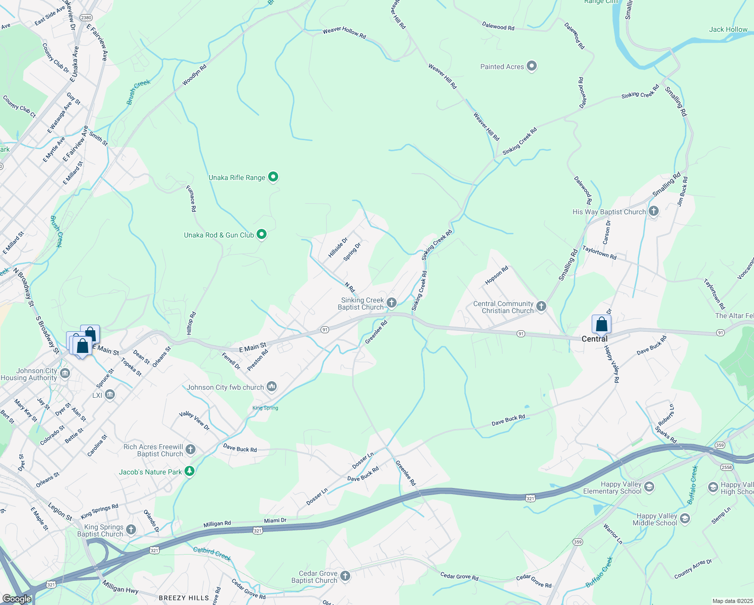 map of restaurants, bars, coffee shops, grocery stores, and more near 35 Vanover Road in Johnson City