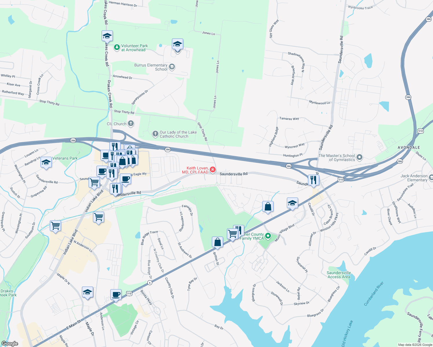 map of restaurants, bars, coffee shops, grocery stores, and more near 1234 Stop 30 Road in Hendersonville