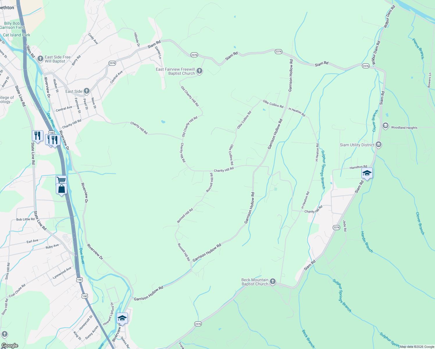 map of restaurants, bars, coffee shops, grocery stores, and more near 1368 Charity Hill Road in Elizabethton