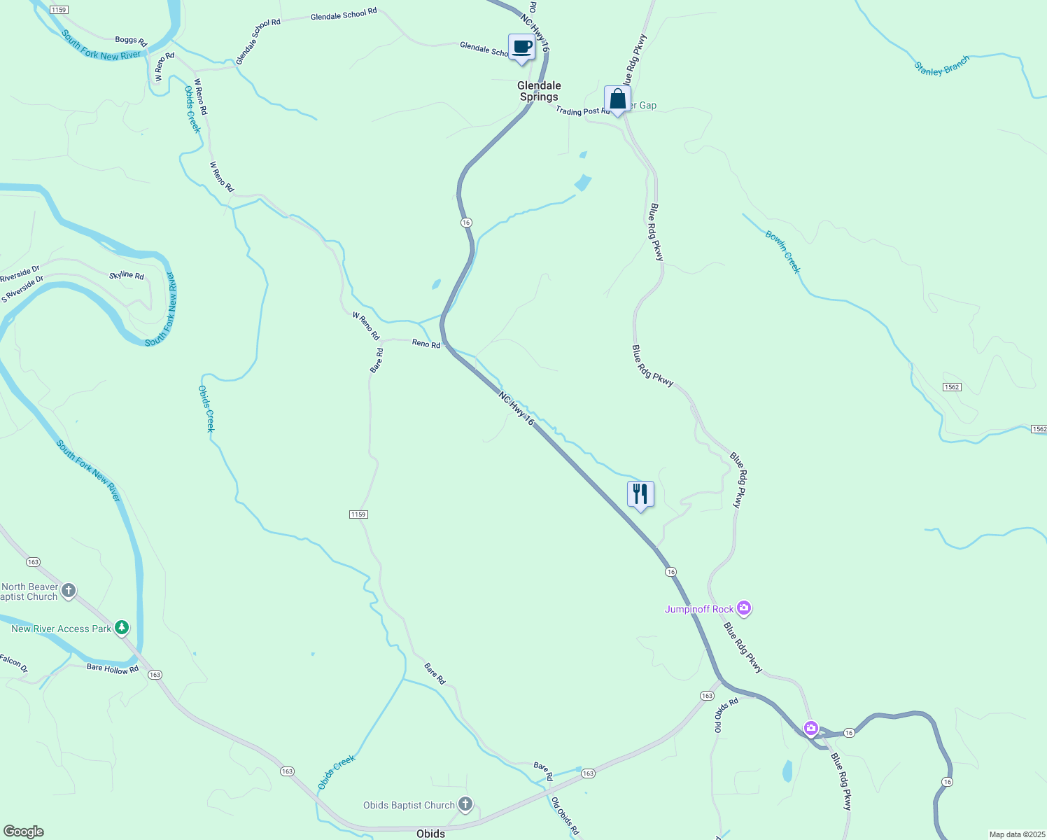 map of restaurants, bars, coffee shops, grocery stores, and more near 8812 North Carolina 16 in West Jefferson