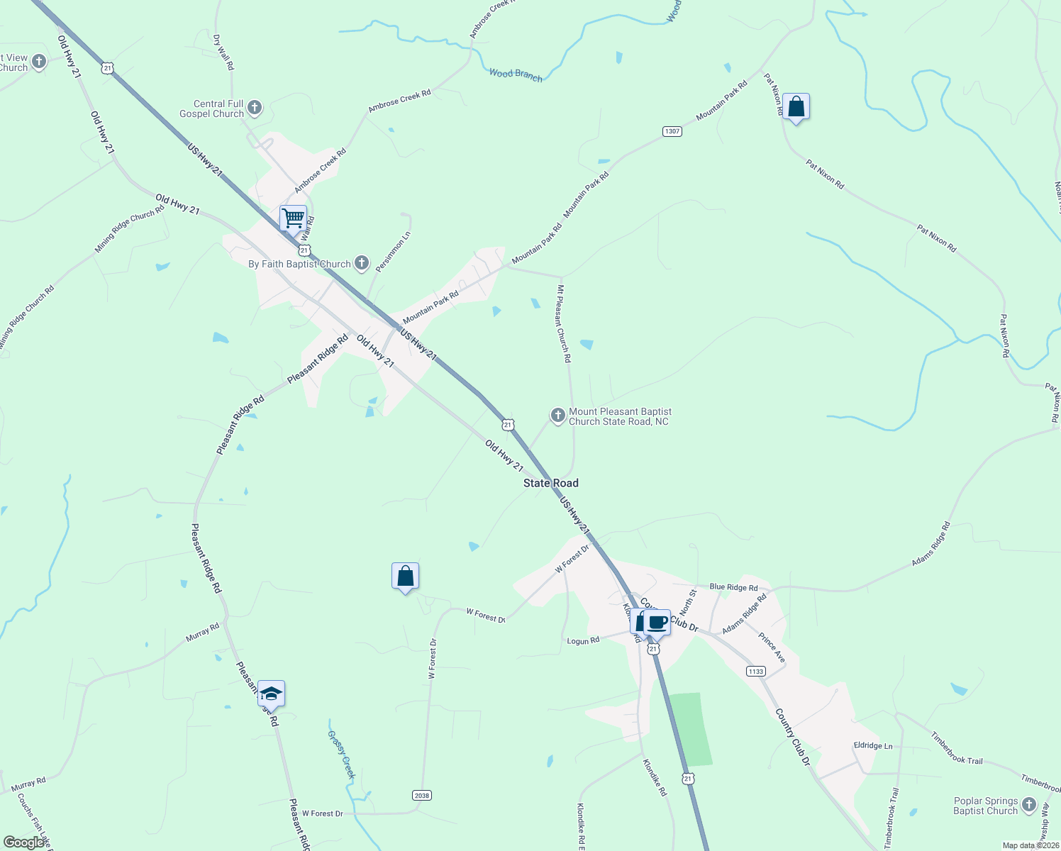map of restaurants, bars, coffee shops, grocery stores, and more near 1432 U.S. 21 in State Road