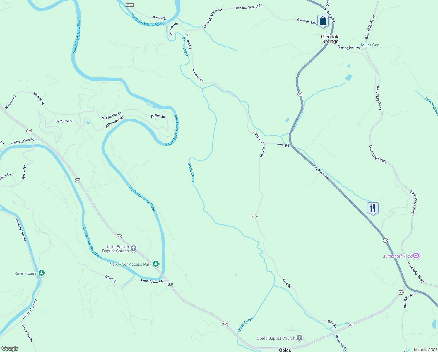 map of restaurants, bars, coffee shops, grocery stores, and more near 472 Bare Road in West Jefferson