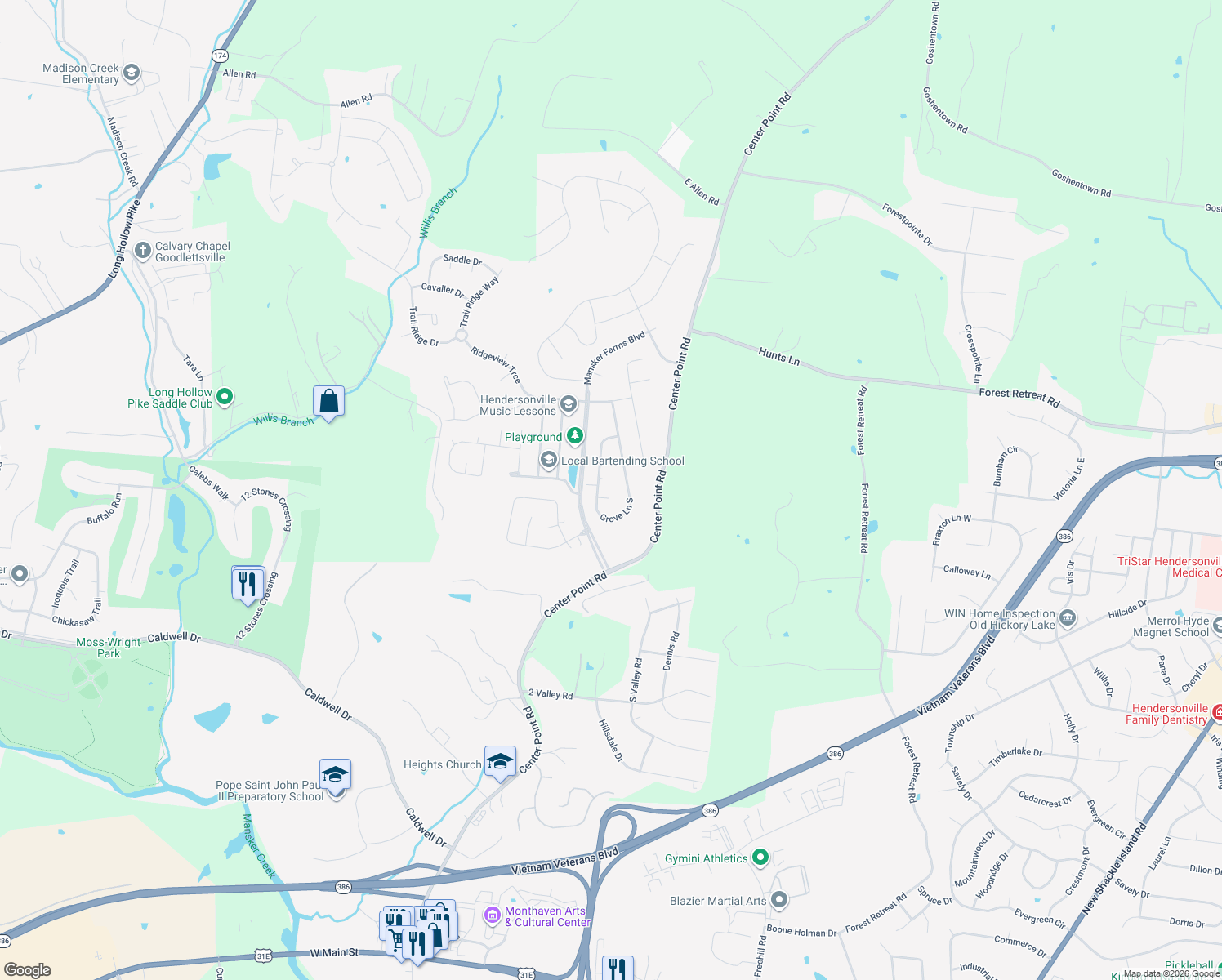 map of restaurants, bars, coffee shops, grocery stores, and more near 103 Oak Court in Hendersonville