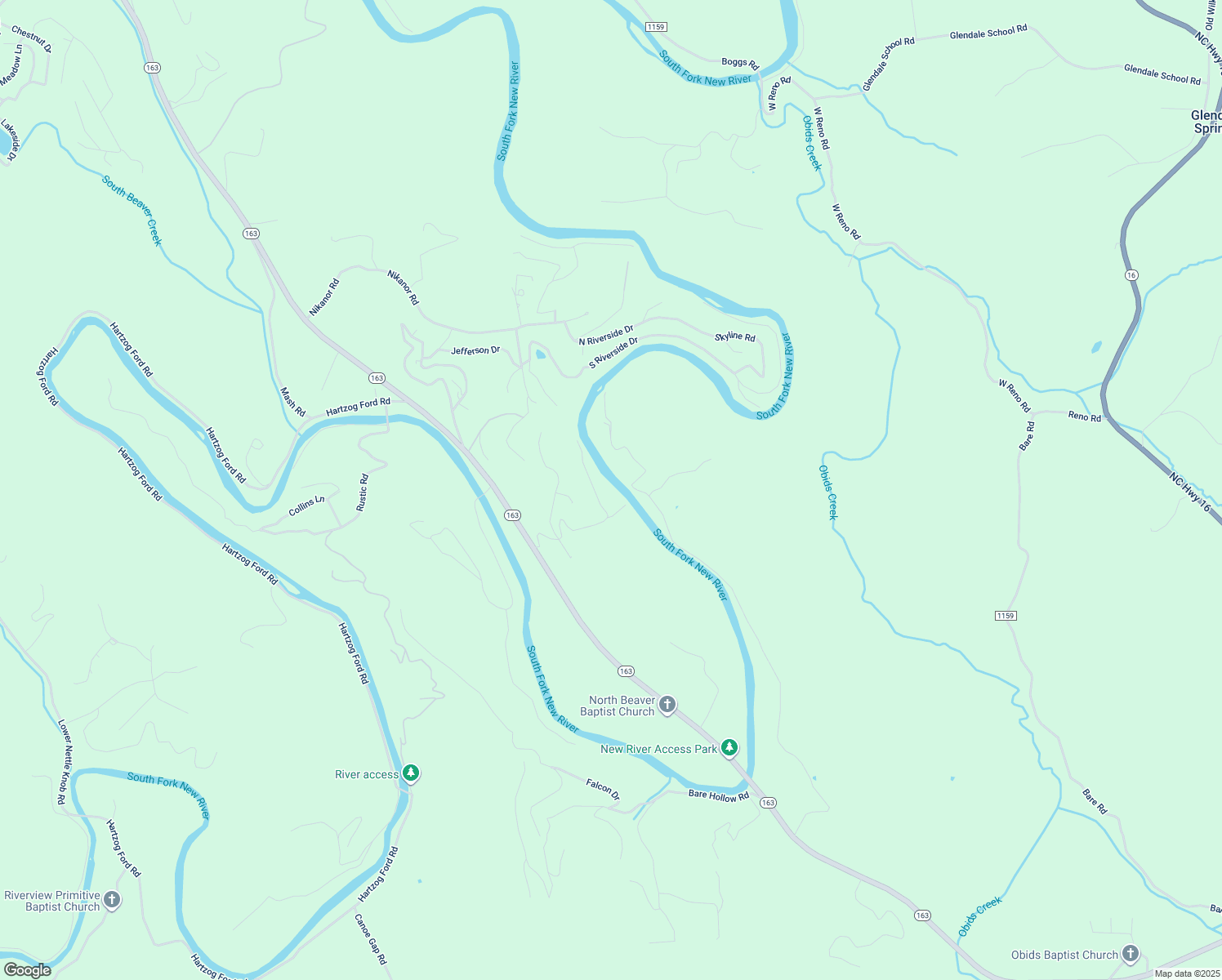 map of restaurants, bars, coffee shops, grocery stores, and more near Riversound Road in Ashe County