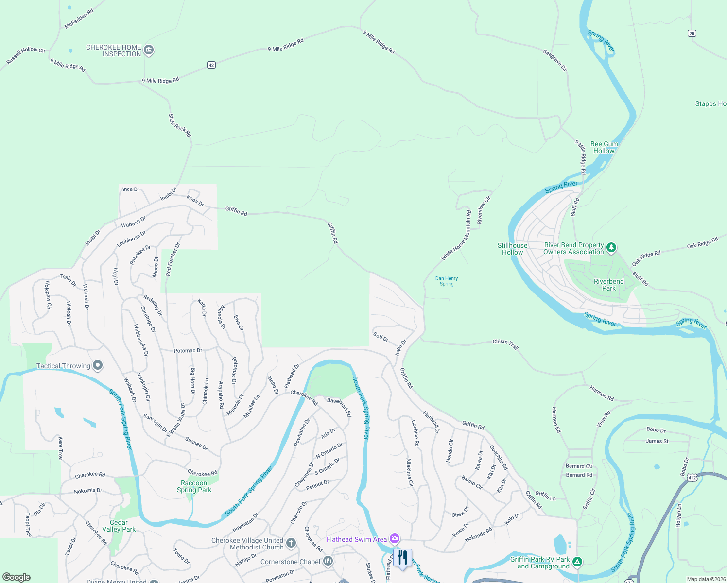 map of restaurants, bars, coffee shops, grocery stores, and more near 20 Aqua Circle in Cherokee Village