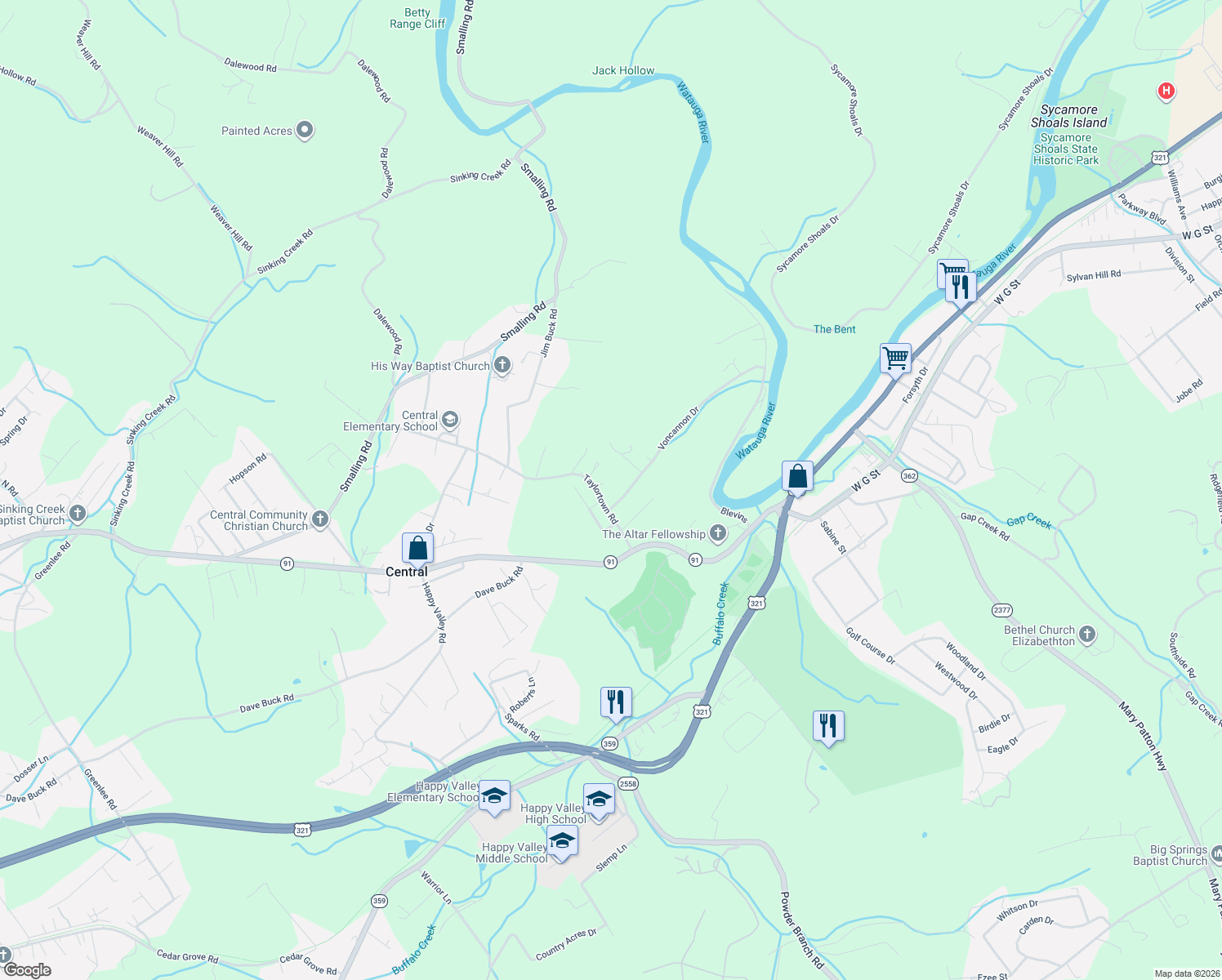 map of restaurants, bars, coffee shops, grocery stores, and more near 144 Taylortown Rd in Johnson City