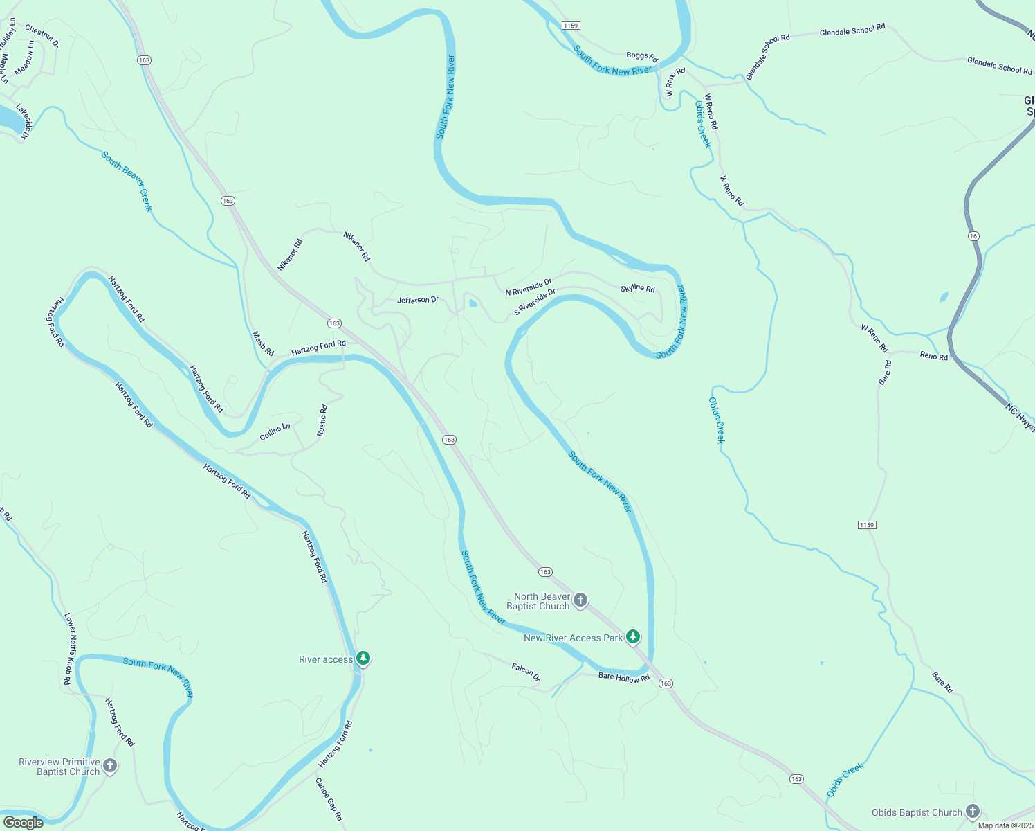 map of restaurants, bars, coffee shops, grocery stores, and more near Riversound Road in Ashe County