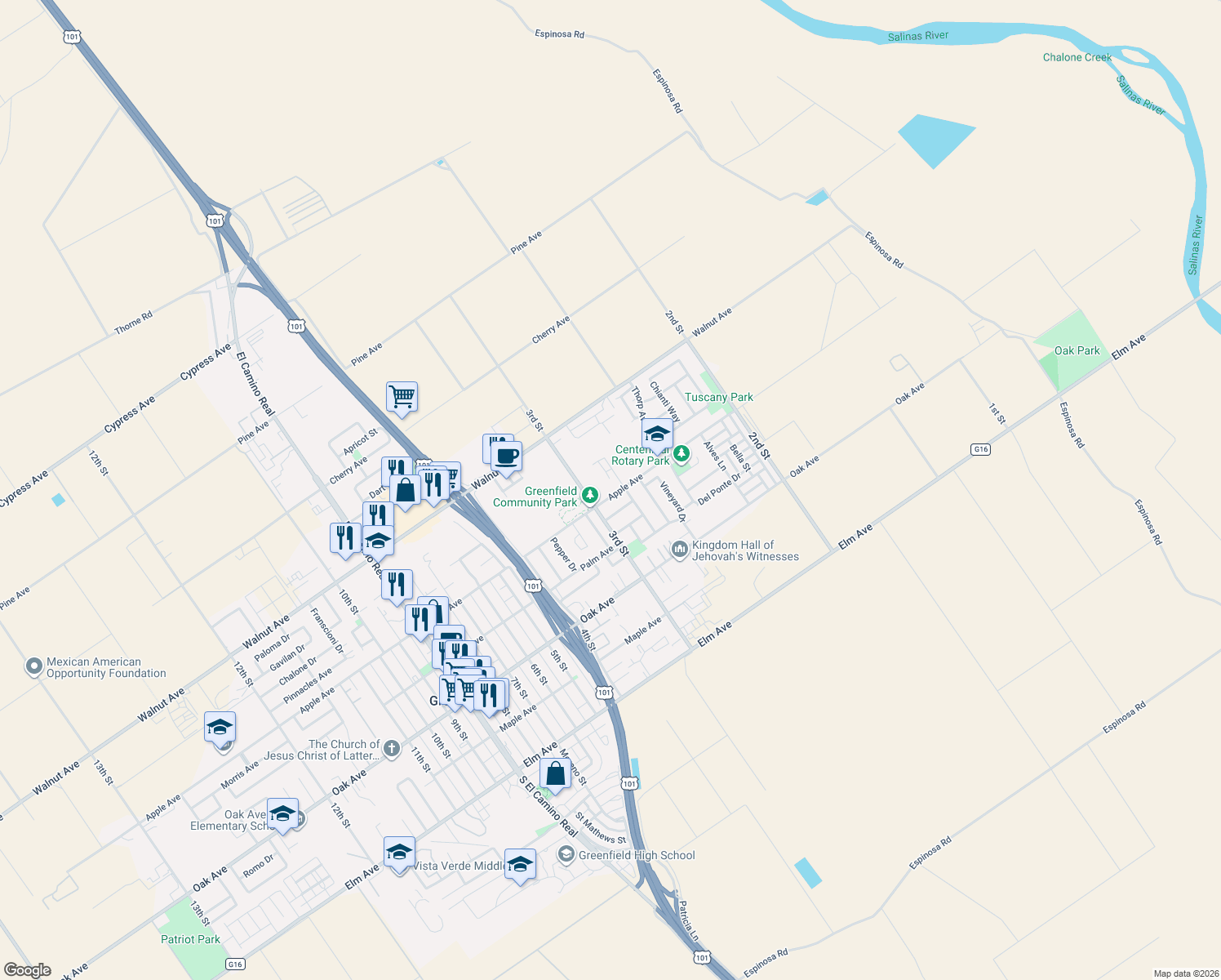 map of restaurants, bars, coffee shops, grocery stores, and more near 274 Apple Avenue in Greenfield
