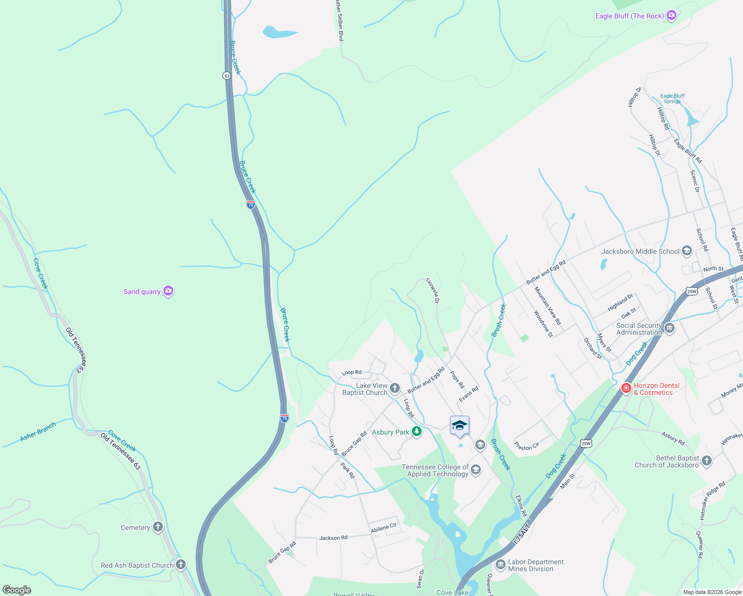 map of restaurants, bars, coffee shops, grocery stores, and more near 360 Bibee Lane in Caryville