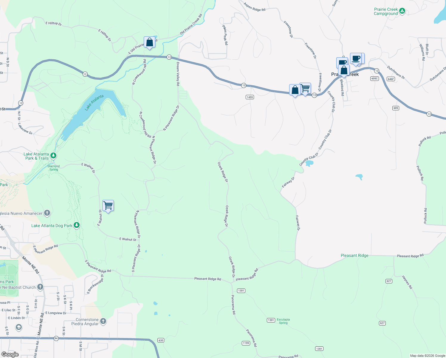 map of restaurants, bars, coffee shops, grocery stores, and more near 8181 Ozark Ridge Drive in Rogers