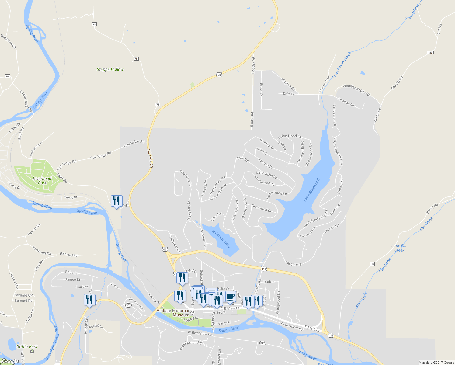 map of restaurants, bars, coffee shops, grocery stores, and more near 103 Alan A Dale Drive in Hardy