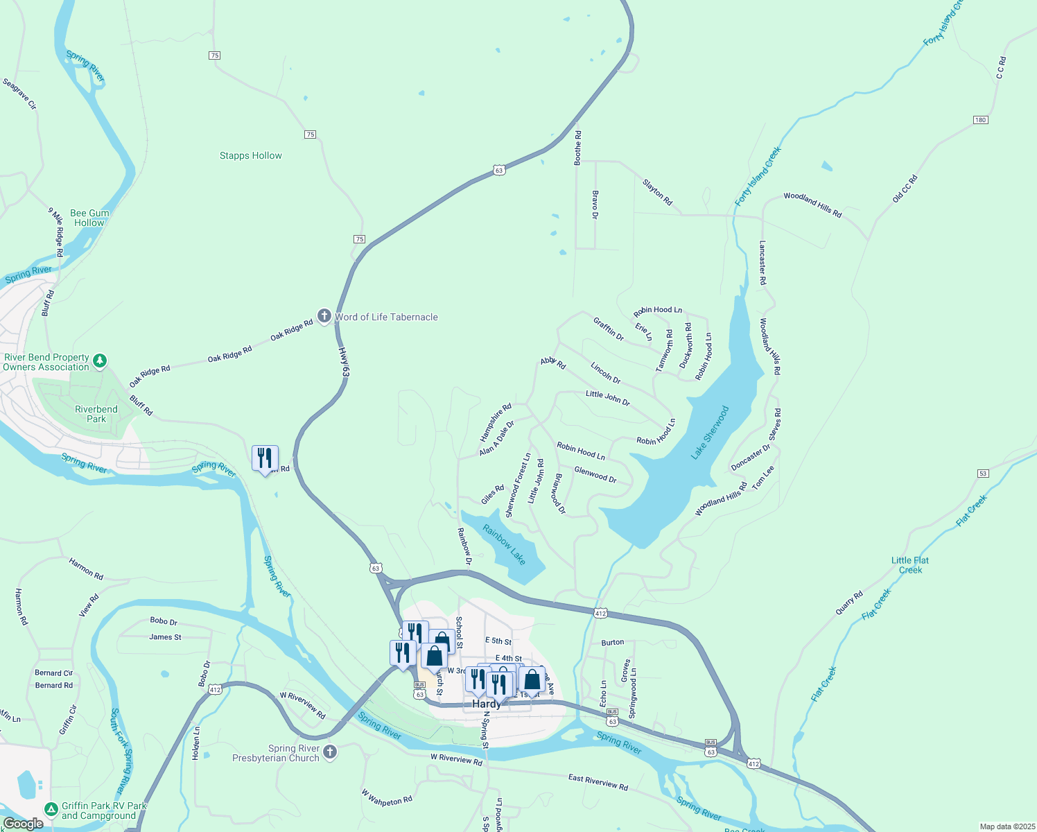 map of restaurants, bars, coffee shops, grocery stores, and more near 103 Alan A Dale Drive in Hardy