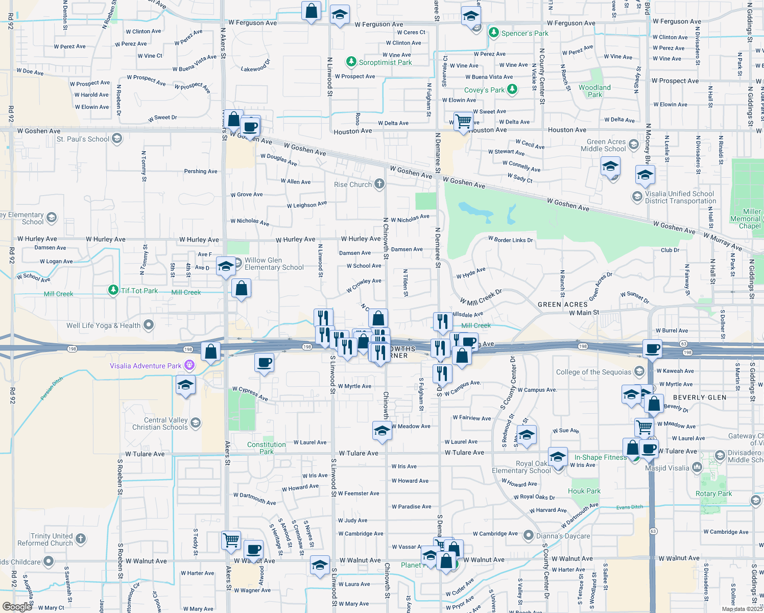 map of restaurants, bars, coffee shops, grocery stores, and more near 105 North Chinowth Street in Visalia