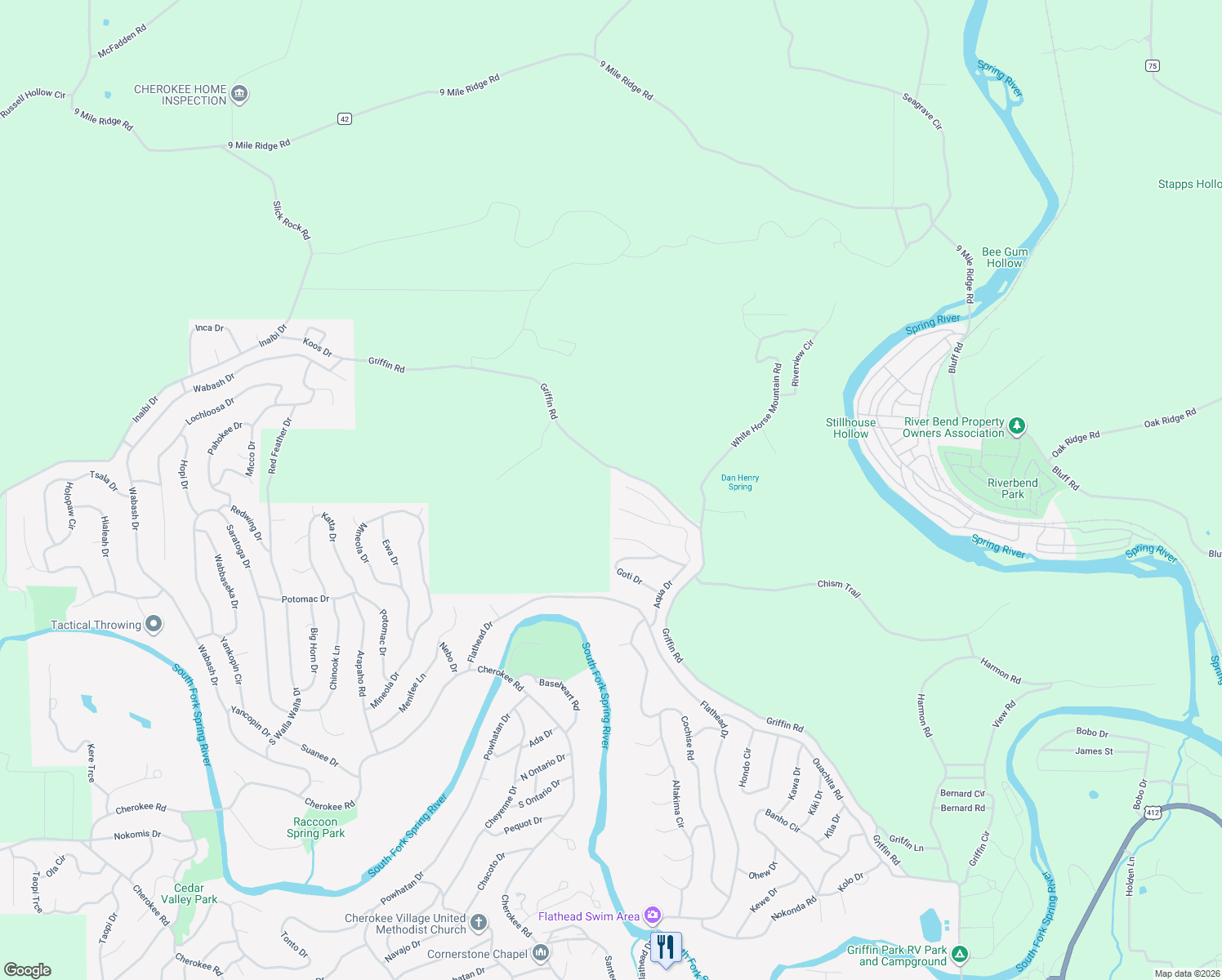 map of restaurants, bars, coffee shops, grocery stores, and more near 20 Aqua Circle in Cherokee Village