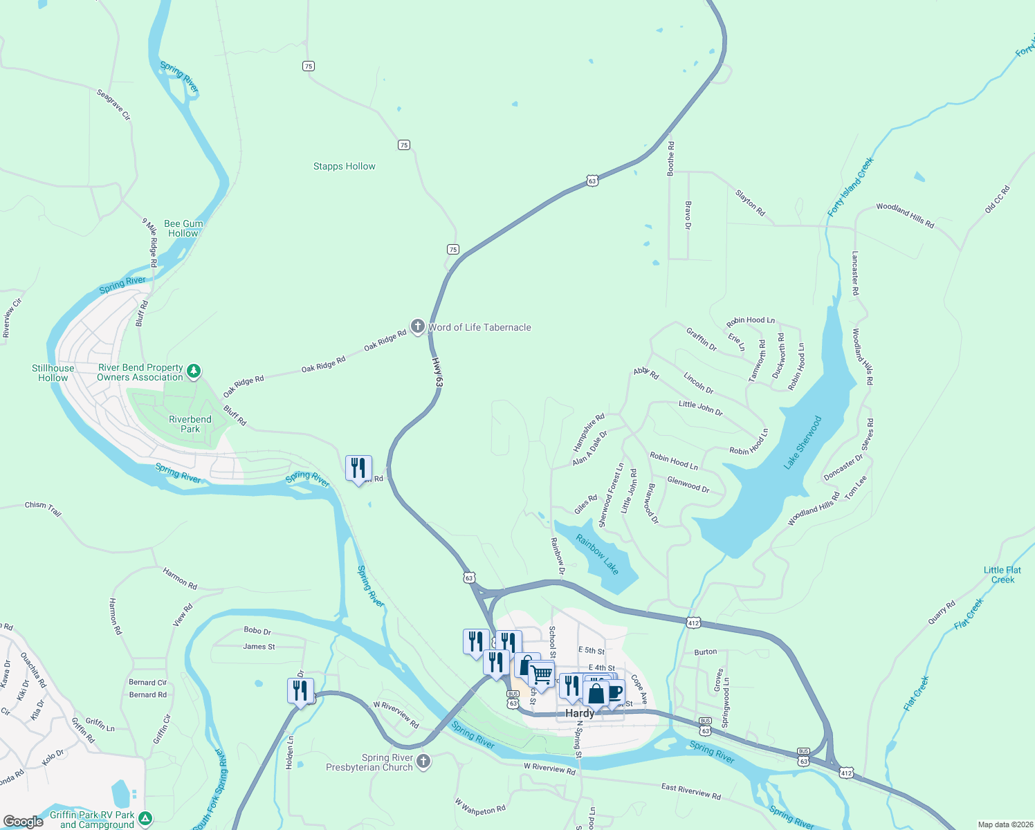 map of restaurants, bars, coffee shops, grocery stores, and more near 160 King Henry Road in Hardy