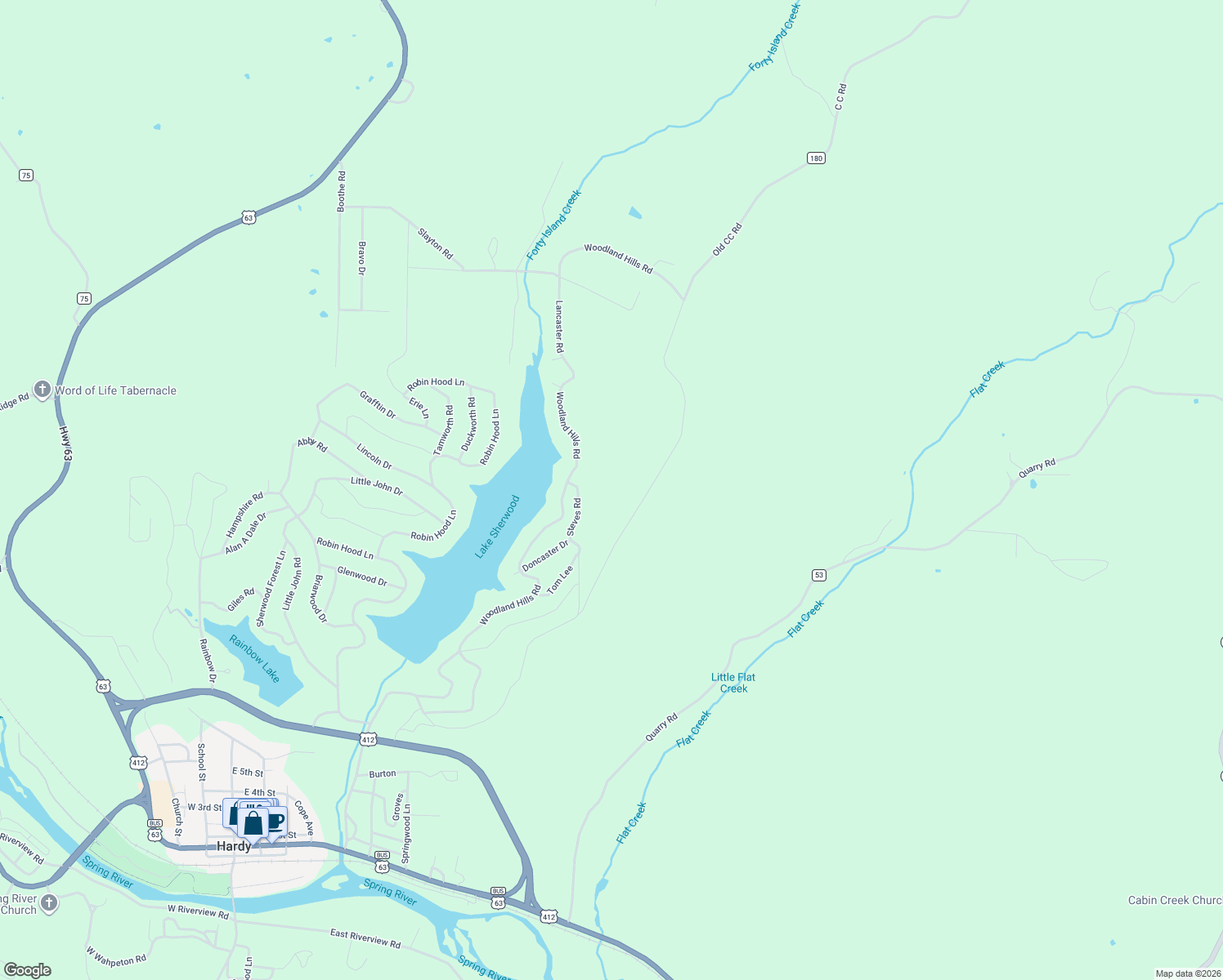 map of restaurants, bars, coffee shops, grocery stores, and more near Steves Road in Hardy