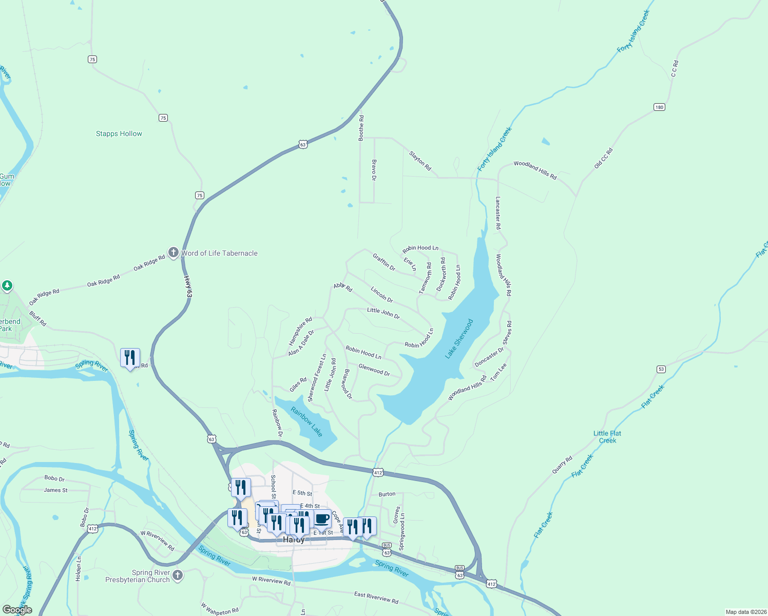 map of restaurants, bars, coffee shops, grocery stores, and more near 154 Abby Road in Hardy