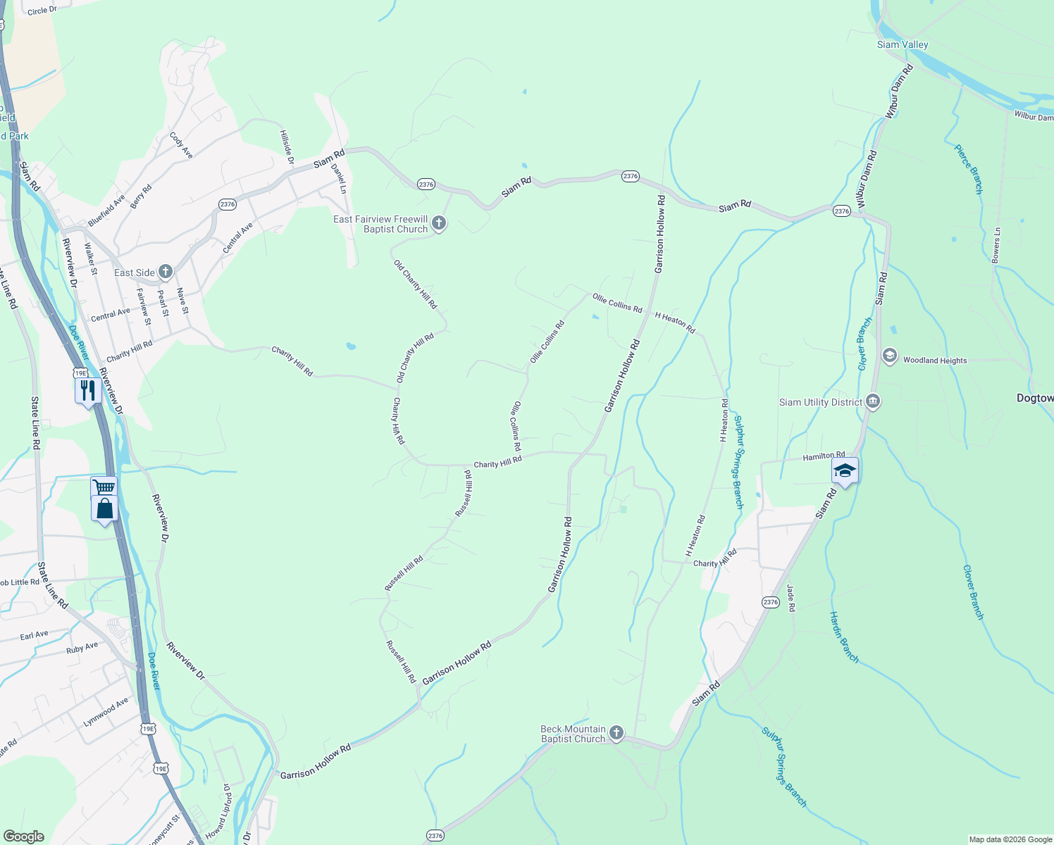 map of restaurants, bars, coffee shops, grocery stores, and more near 126 Ollie Collins Road in Elizabethton
