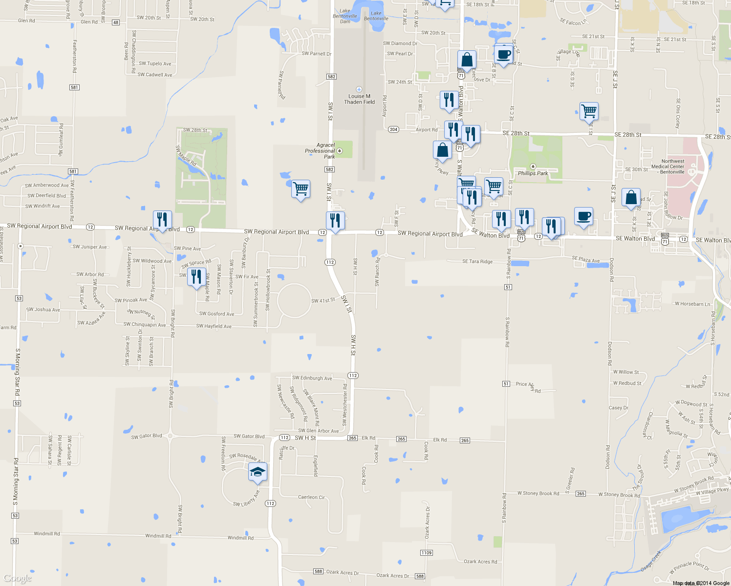 map of restaurants, bars, coffee shops, grocery stores, and more near Southwest 41st Street in Bentonville