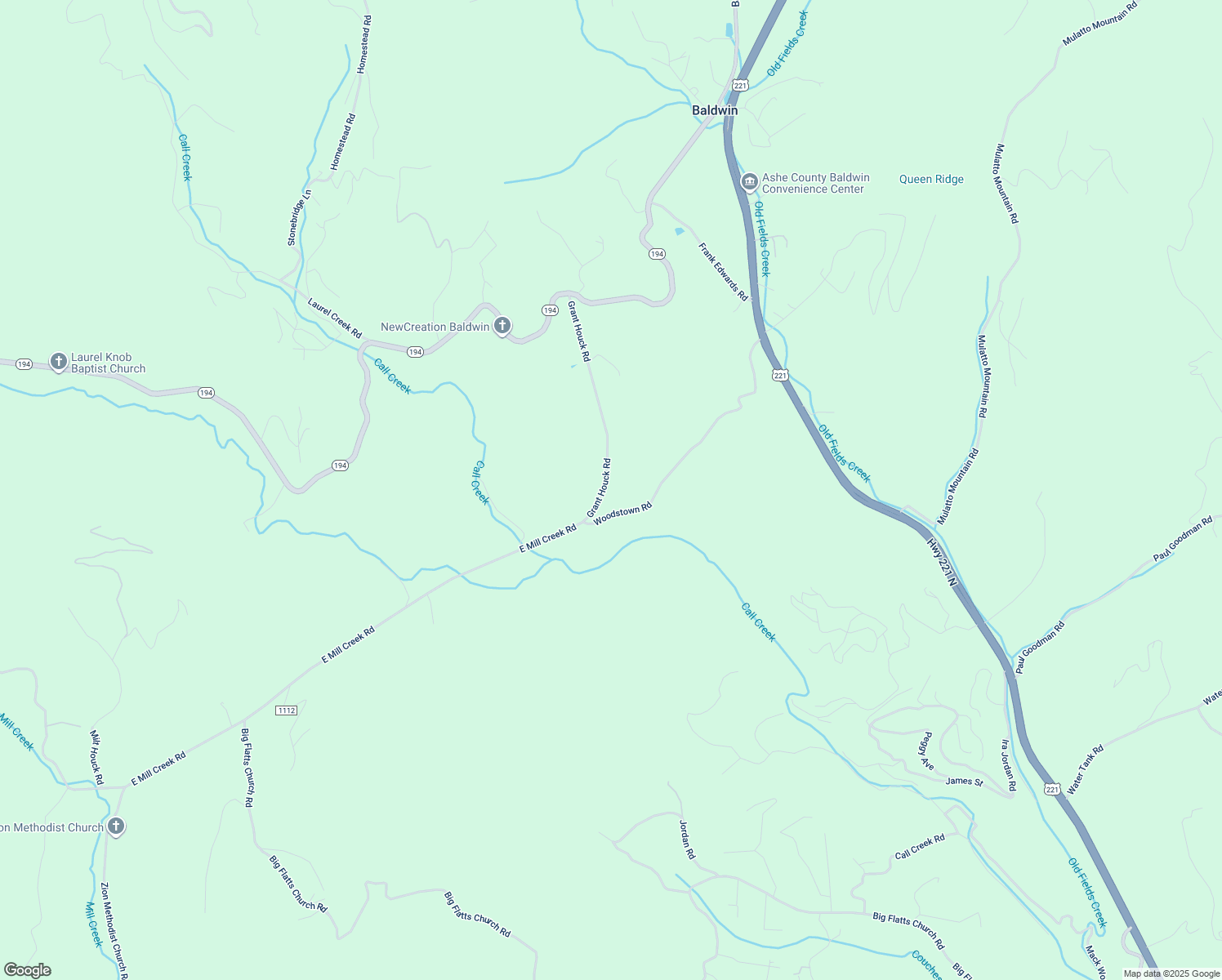 map of restaurants, bars, coffee shops, grocery stores, and more near Grant Houck Road in Ashe County