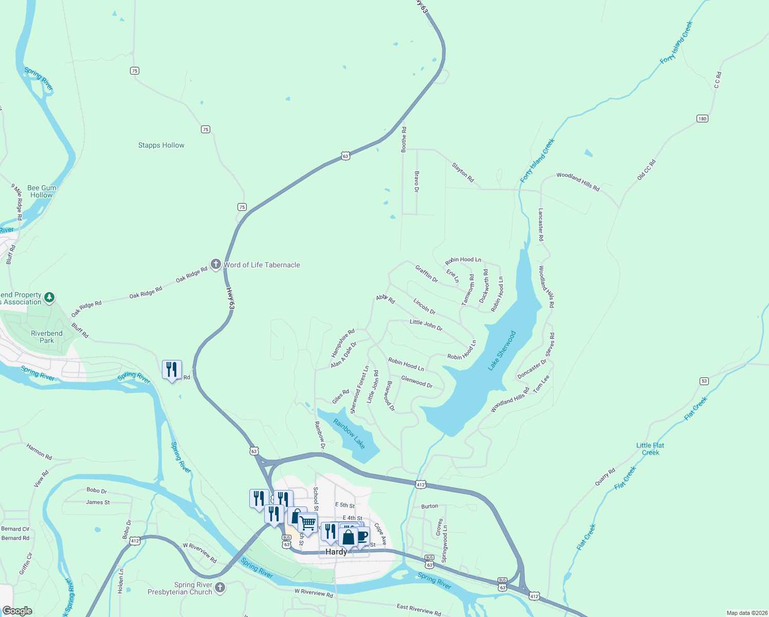 map of restaurants, bars, coffee shops, grocery stores, and more near in Hardy