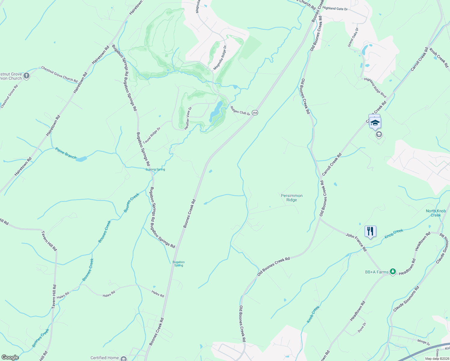 map of restaurants, bars, coffee shops, grocery stores, and more near 1604 Boones Creek Road in Jonesborough