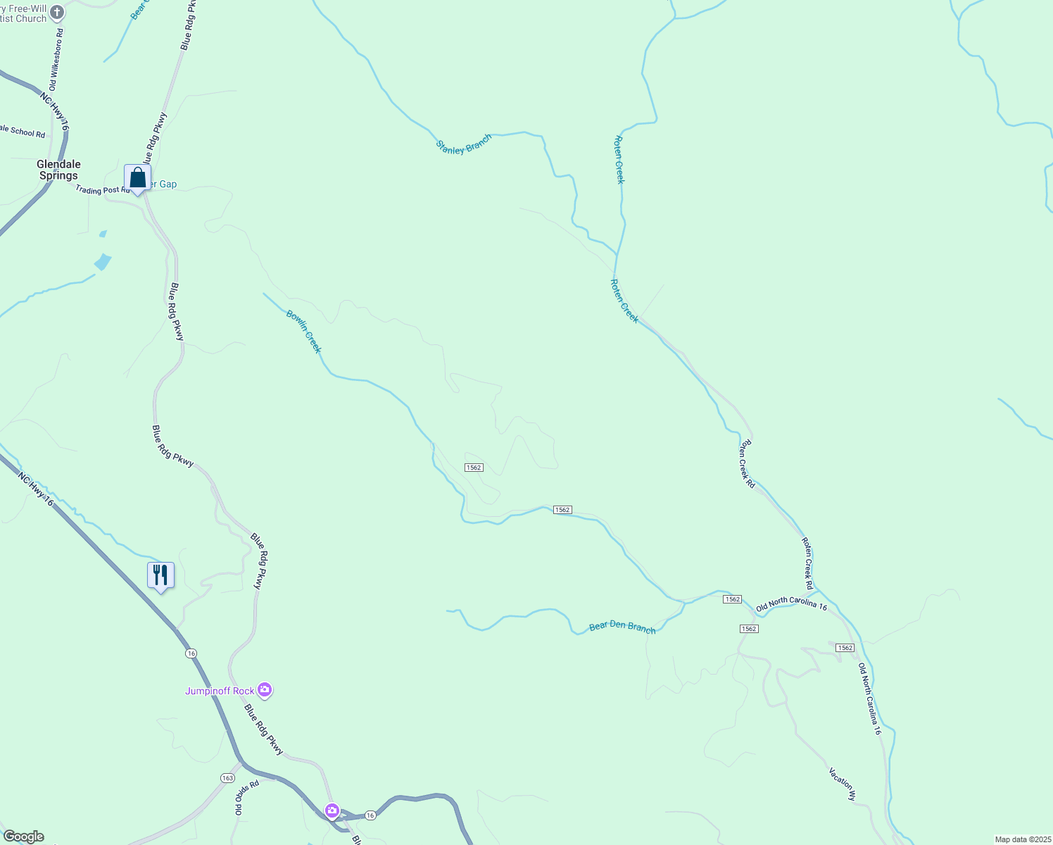 map of restaurants, bars, coffee shops, grocery stores, and more near North Old Nc Highway 16 in Wilkes County