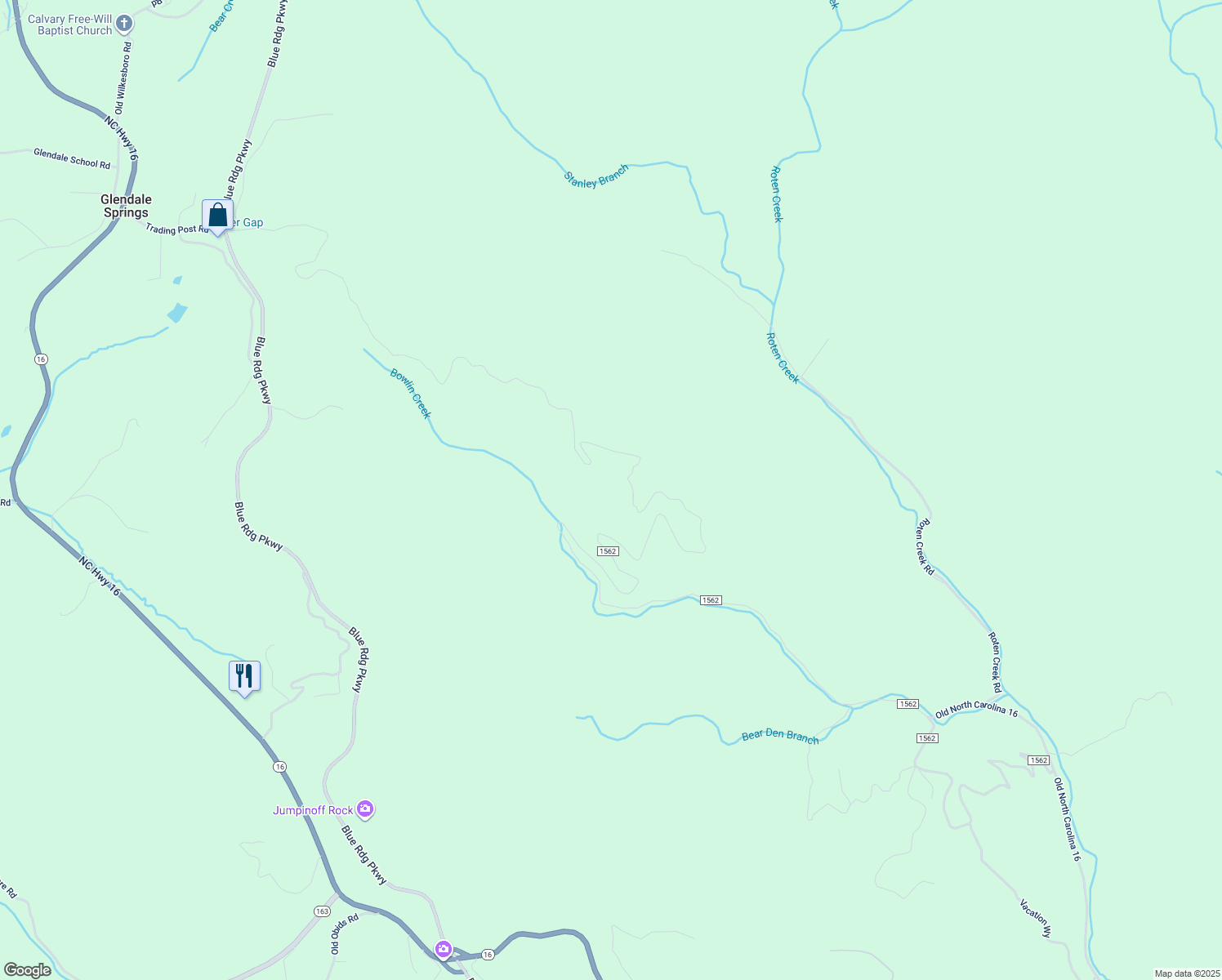 map of restaurants, bars, coffee shops, grocery stores, and more near 11613 North Old Nc Highway 16 in Millers Creek