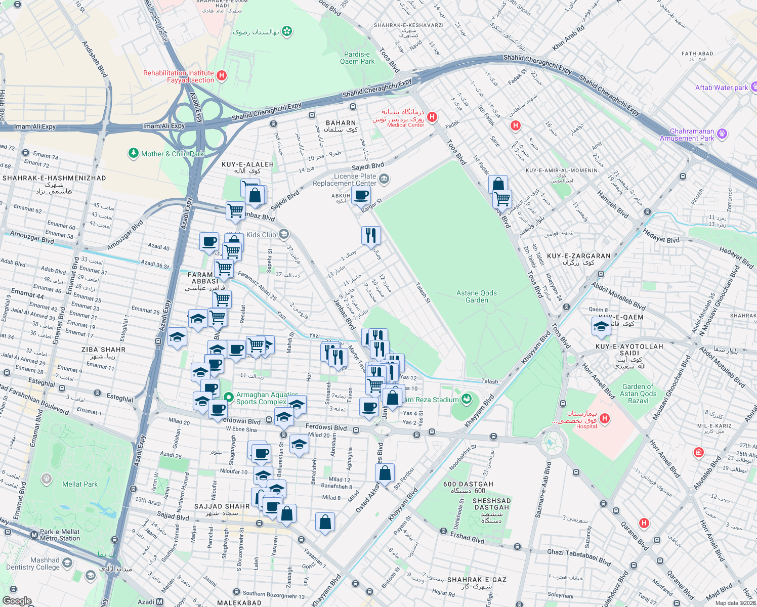 map of restaurants, bars, coffee shops, grocery stores, and more near جانباز 7 in Mashhad