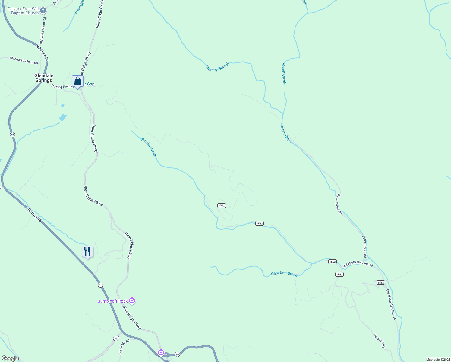 map of restaurants, bars, coffee shops, grocery stores, and more near 8043 North Old Nc Highway 16 in Wilbar