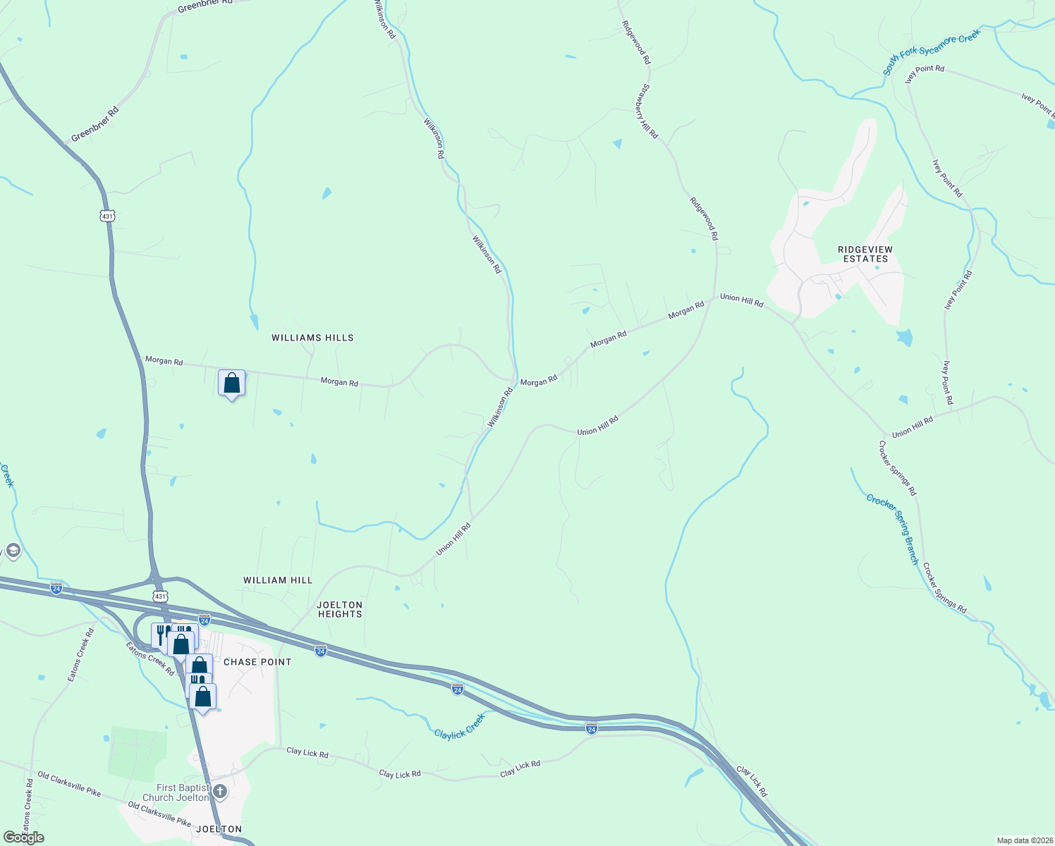 map of restaurants, bars, coffee shops, grocery stores, and more near 2800 Union Hill Road in Nashville