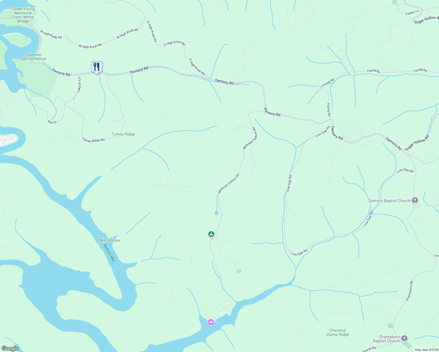 map of restaurants, bars, coffee shops, grocery stores, and more near 542 Whitman Hollow Road in LaFollette