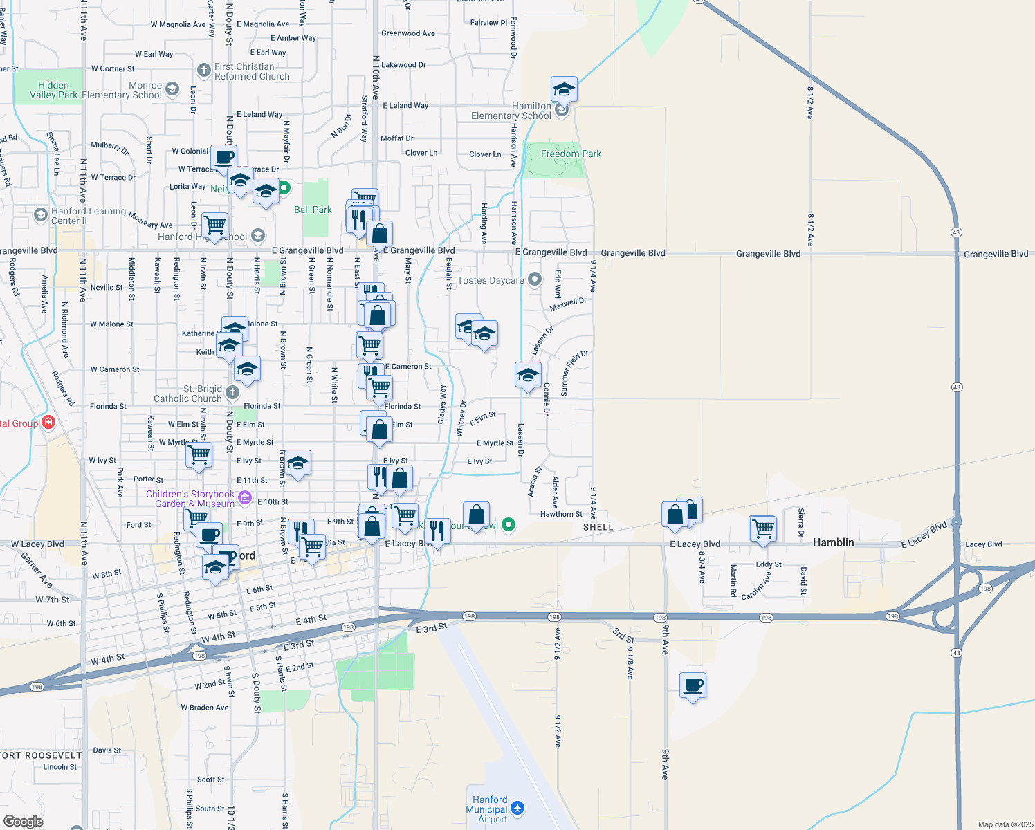 map of restaurants, bars, coffee shops, grocery stores, and more near 824 Lassen Dr in Hanford