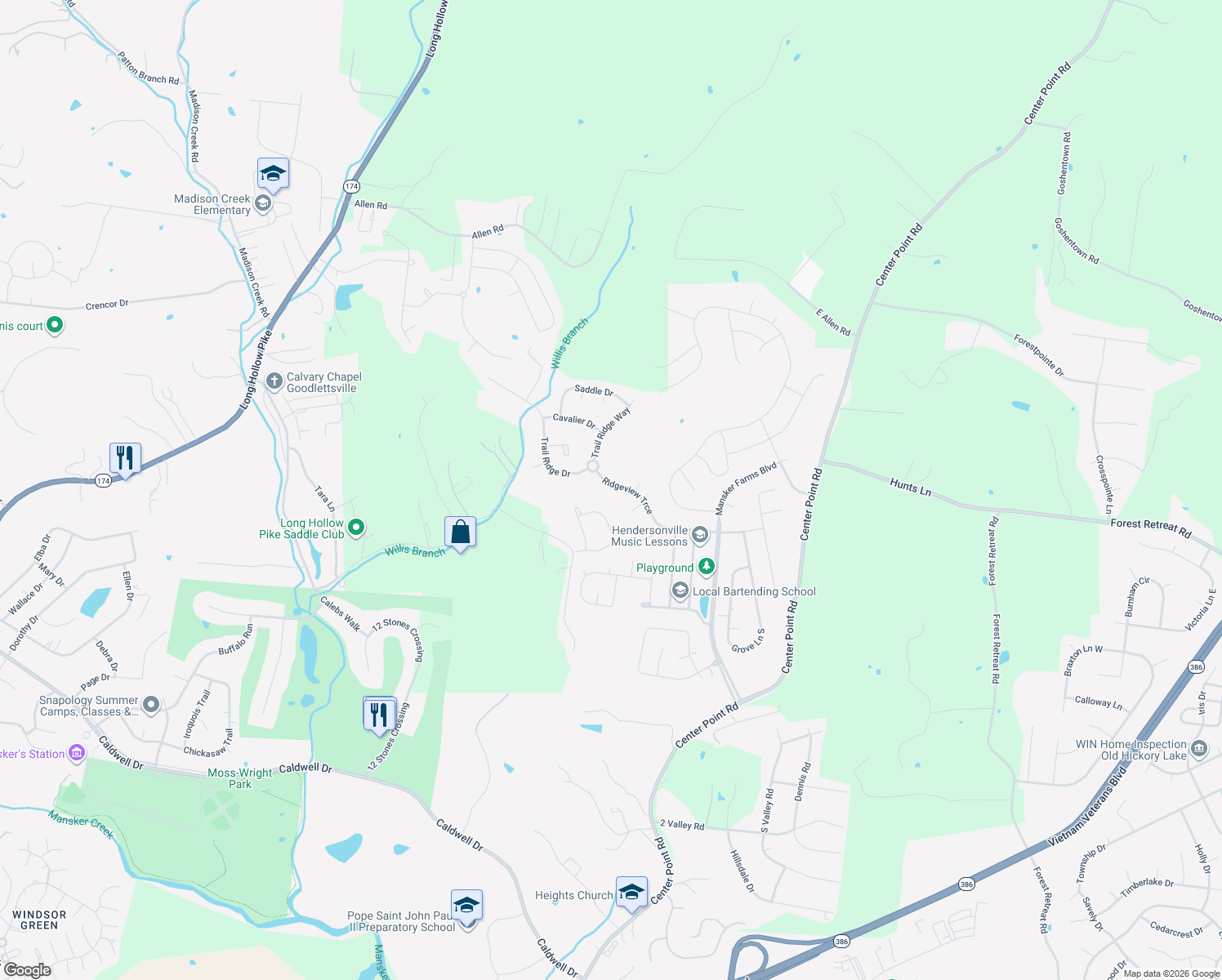 map of restaurants, bars, coffee shops, grocery stores, and more near 137 Ridgeview Trace in Hendersonville